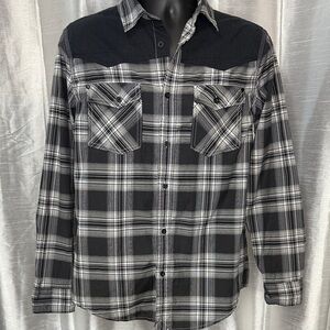 HELIX Athletic Fit Plaid Button Up Shirt Elbow Patch Men’s Med B/W Long Sleeve